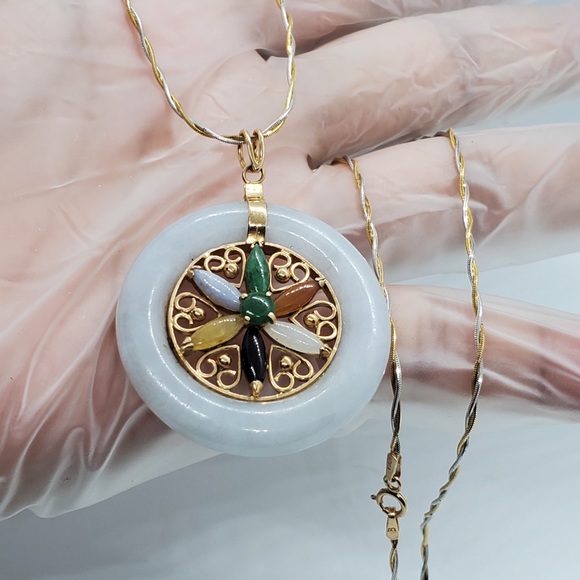 14k solid gold multi-colored Dyed Jadeite Necklace - Picture 11 of 14